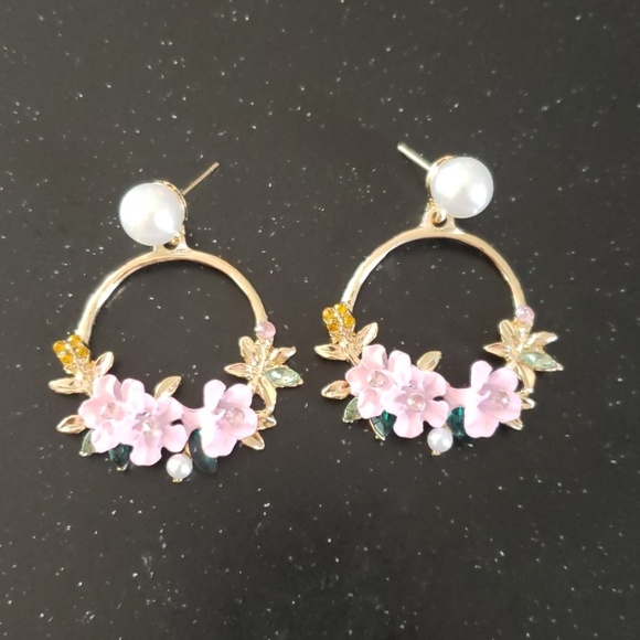 Jewelry - Handmade flower pink earrings yellow gold leaves